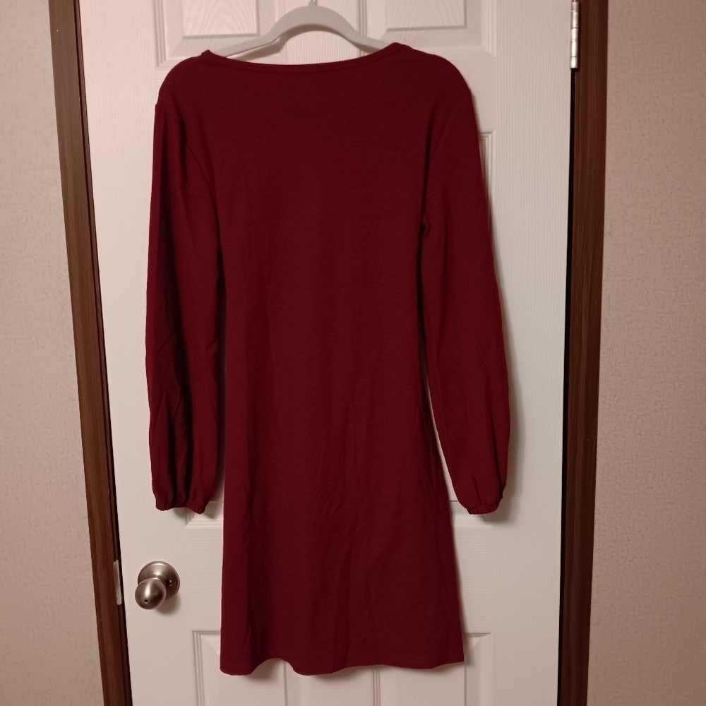 Burgundy Long Sleeve Dress Crewneck Tie Waist Dress - Picture 8 of 8